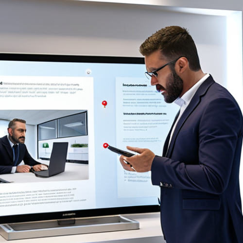 Home 14 ** A consultant passionately presenting innovative tech solutions to a client, emphasizing their expertise in project management and strategic consulting within a modern Madrid office setting.
**