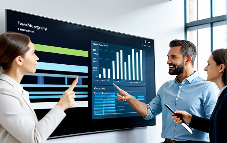 Project Management Team Collaboration**

"A diverse team of professionals collaborating on a project using a digital Kanban board on a large screen in a modern office. Team members are pointing and discussing tasks. The atmosphere is collaborative and focused. Everyone is fully clothed in business casual attire. Safe for work, appropriate content, perfect anatomy, correct proportions, natural pose, professional setting."

**