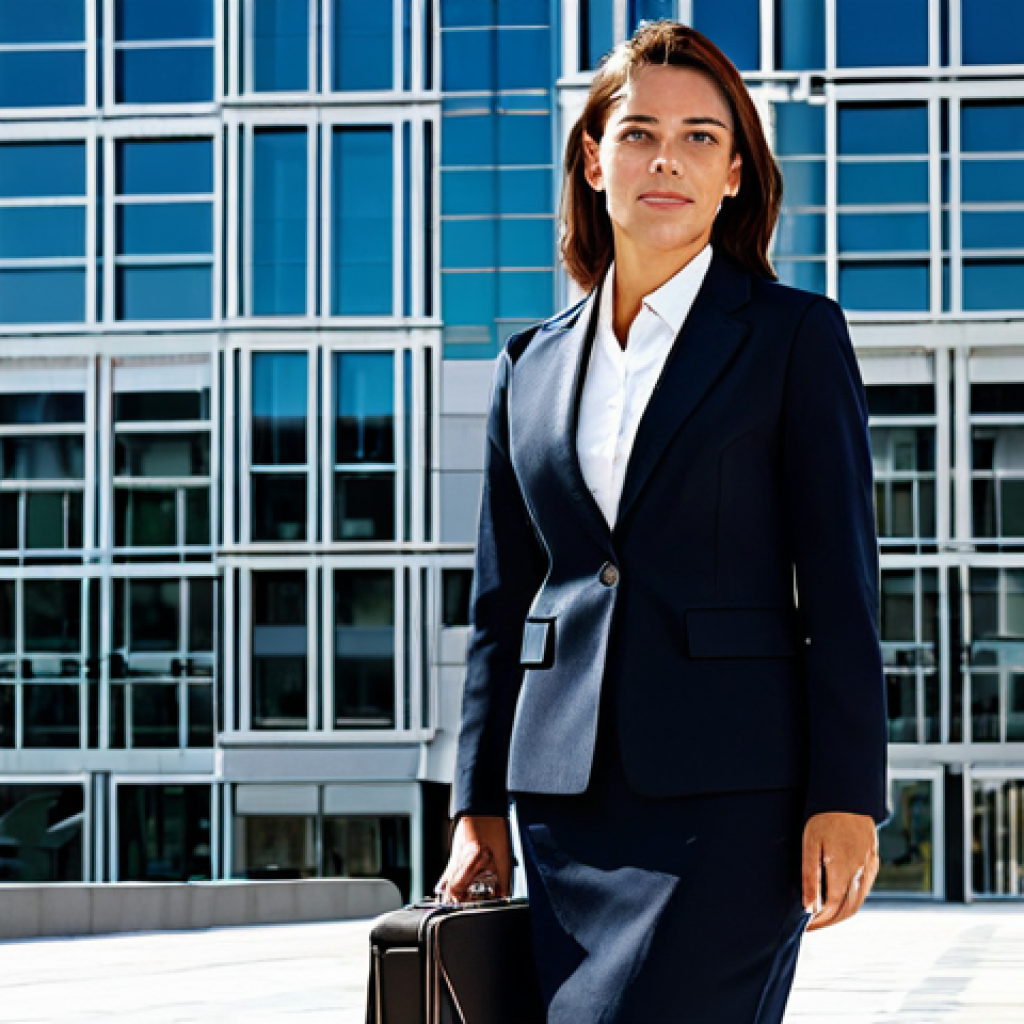 Professional Success in Madrid**

*   A sharply dressed businesswoman in a tailored suit, standing confidently in front of a modern office building in Madrid, Spain. The background should include iconic Madrid architecture.  She is holding a stylish briefcase. *Fully clothed*, *appropriate attire*, *professional dress*. *Safe for work*. *Perfect anatomy*, *correct proportions*, *natural pose*.  *High quality*, *professional photography*.

**