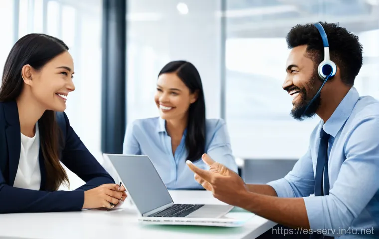 서비스관리사와 서비스 목표 설정 - **Empathetic Customer Service Interaction**
"A diverse group of customer service professionals, ...