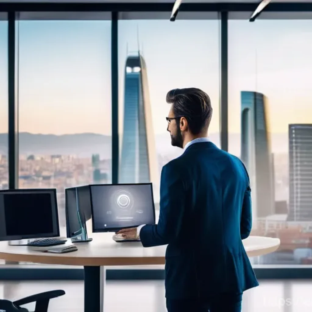 서비스관리사와 관련된 법규 이해 - A confident small business owner, dressed in smart business casual attire, stands in a modern, well-...