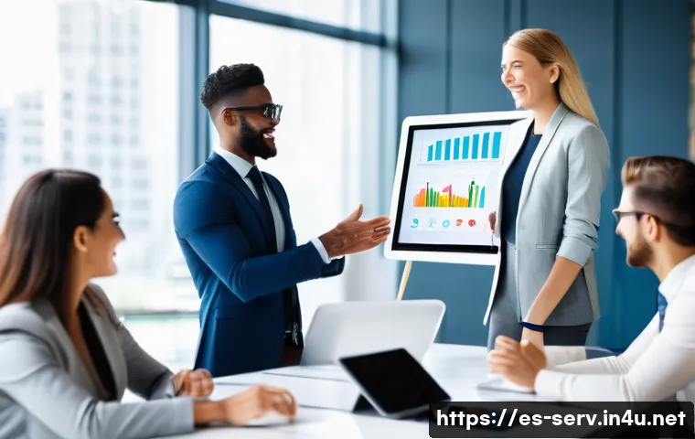 서비스관리사와 업무 성과 분석 - A vibrant, wide-angle shot of a diverse team of young professionals (men and women, 20s-30s) in a mo...
